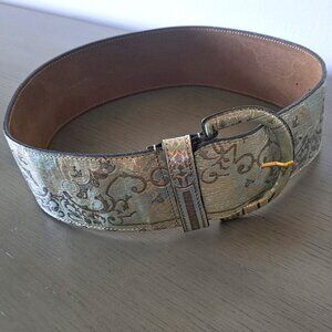 Gianfranco Ferre Italy Wide Belt Turquoise Leather Metallic Paisley Vintage 90s